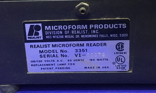 LECTOR DE MICROFICHAS/MICROFILM REALIST 3351 PARA PIEZAS/REPARACIONES