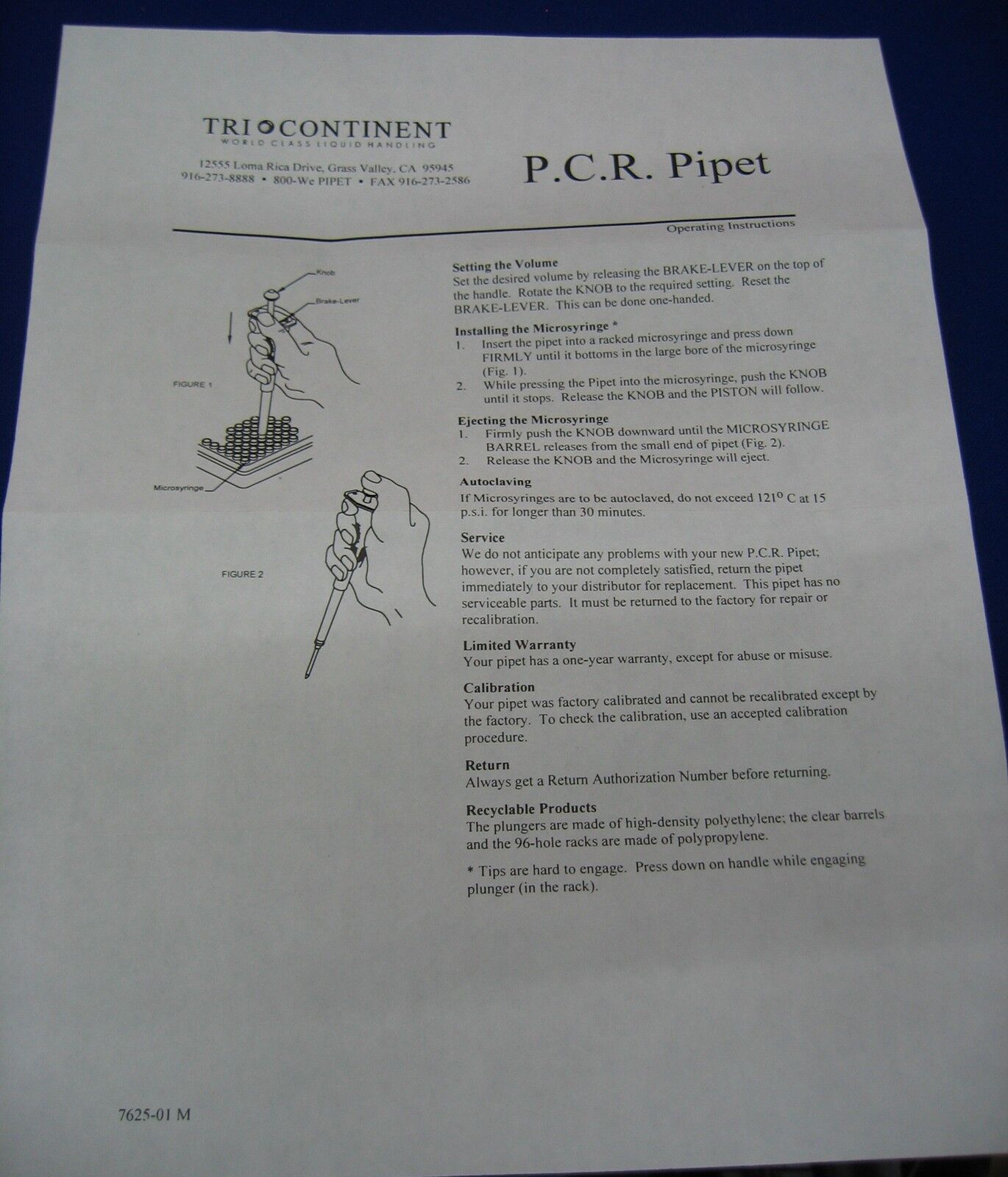 INSTRUMENTO DE PIPETEO DE PRECISIÓN TRI CONTINENT CAT#672 PIPETA PCR 25 µL
