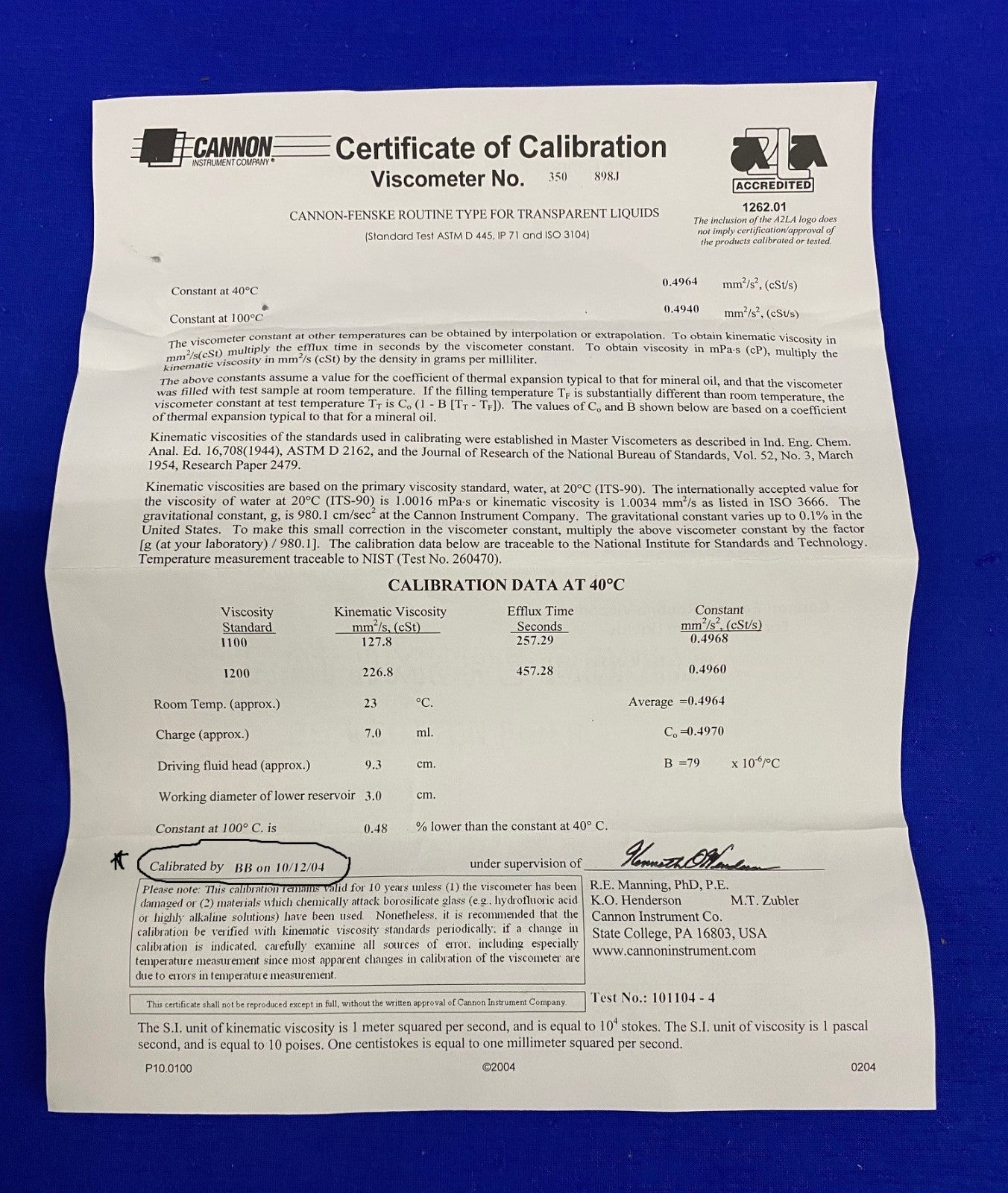CANNON INSTRUMENT 9721-B71 SIZE 350 CALIBRATED VISCOMETER NEW OLD STOCK