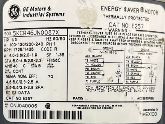 GE ゼネラルエレクトリック E257 5KCR46JN0087X エナジーセーバー® モーター 1/3HP RPM-1725/1425
