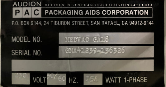 PAC PACKAGING AIDS MEDVAC GA18 MEDICAL BAG VACUUM IMPULSE SEALER 230V