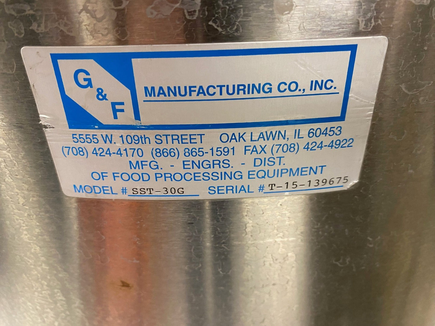 G&F MANUFACTURE SST-30G VERTICAL FINISH MIXING TANK 30 GALLON FOR PARTS REPAIR