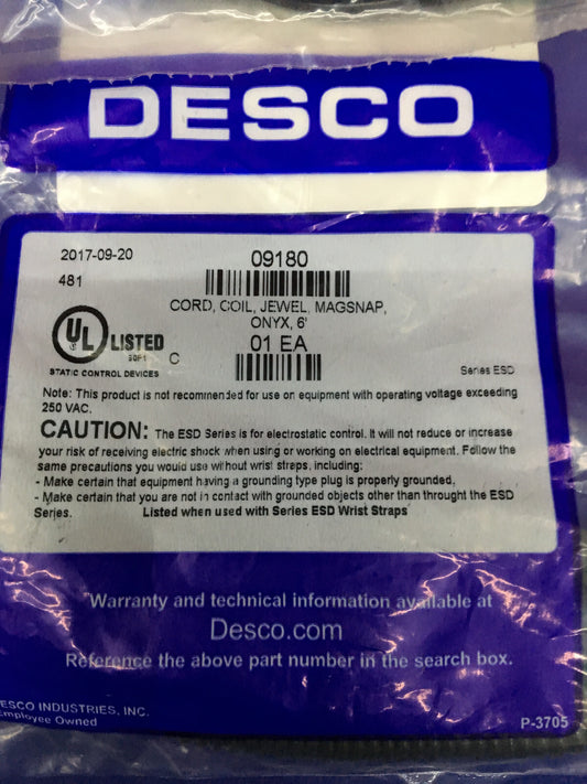 DESCO 09180 CORD COIL JEWEL MAGSNAP OYNX 6" - 1 LOT QTY 4 Anti-Static, ESD Strap
