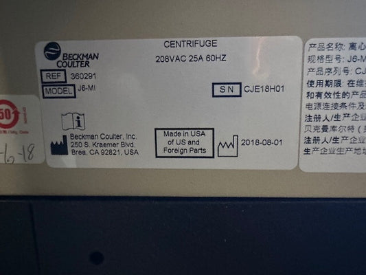 FOR PARTS REPAIR BECKMAN COULTER J6-MI CENTRIFUGE 208V 25A 60 HZ CAT NO 360291