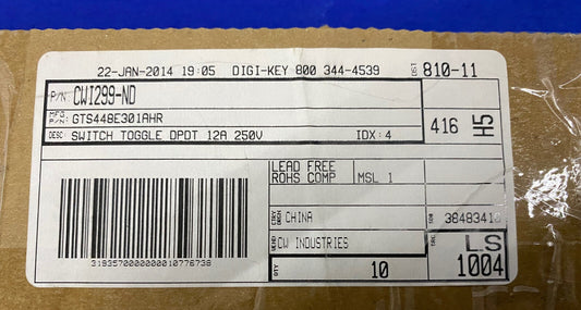 CW INDUSTRIES GTS448E301AHR / DIGI-KEY CWI299-ND SWITCH TOGGLE - 1 PKG QTY OF 10
