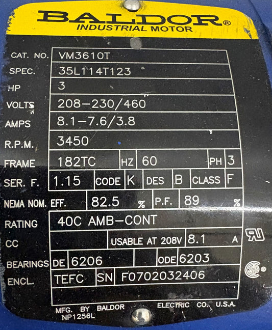 BALDOR 3 HP ELECTRIC MOTOR W/VACUUM BOOSTER BLOWER 9" FLANGE - PARTS/REPAIR