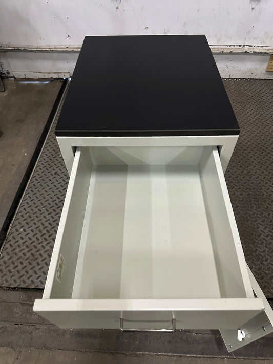 TAN COLORED STEEL CABINET BLACK CHEM TOP SURFACE PULL OUT DRAWER AND SWING DOOR