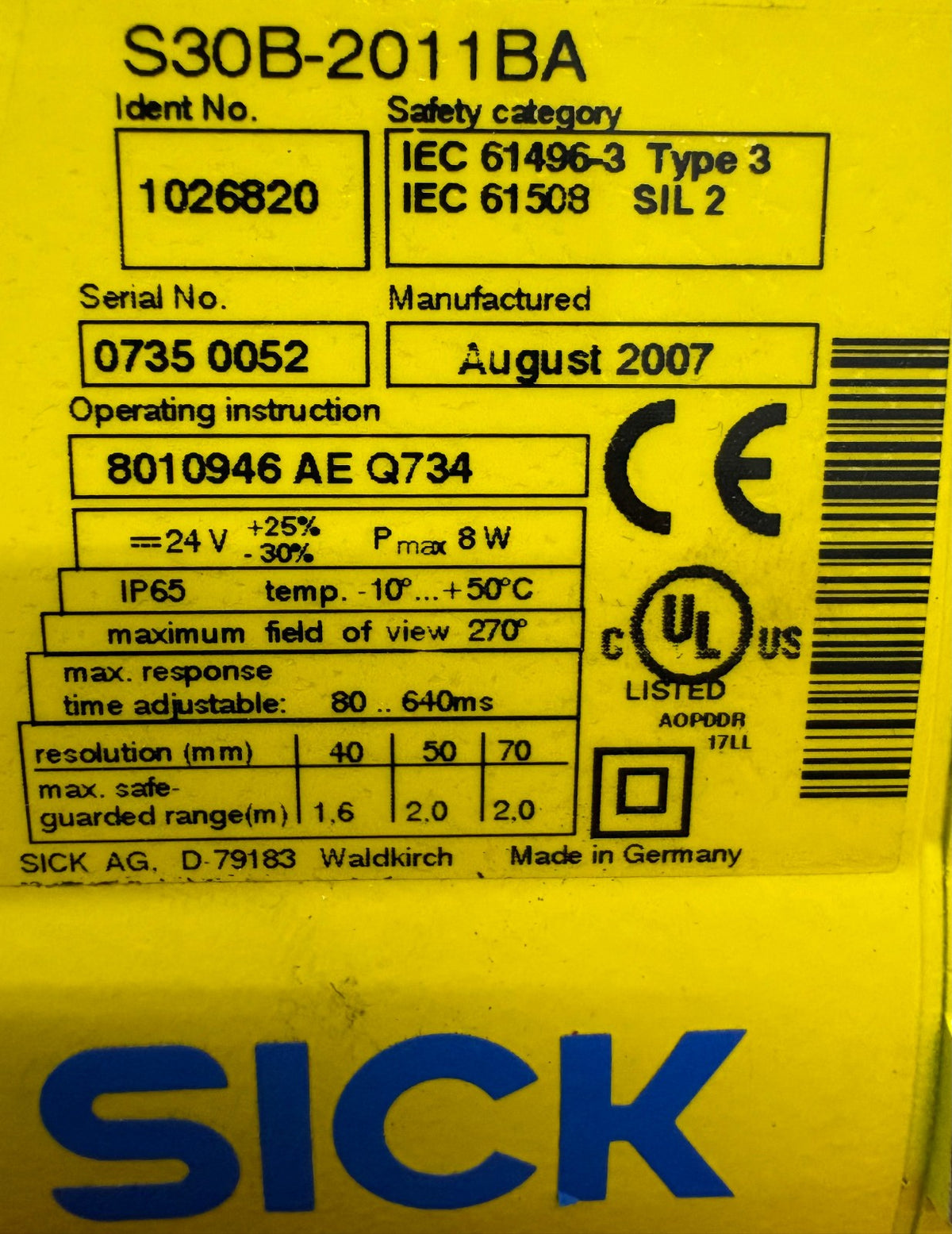 SICK S30B-2011BA SAFETY LASER SCANNER (MISSING COVER) ID# 1026820