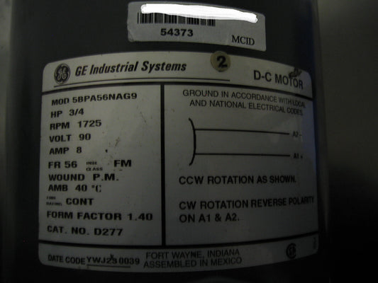 GE INDUSTRIAL SYSTEMS DC MOTOR 5BPA56NAG9 CAT # D277 3/4 HP - FOR PARTS/REPAIR
