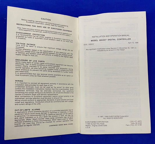 EIC EUROTHERM DOC. 1023-D MODELS 808 & 847 INSTALLATION AND OPERATION MANUAL