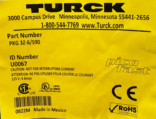 TURCK PKG 3Z-6/S90 CABLE CONNECTION CORDSET ID# U0067