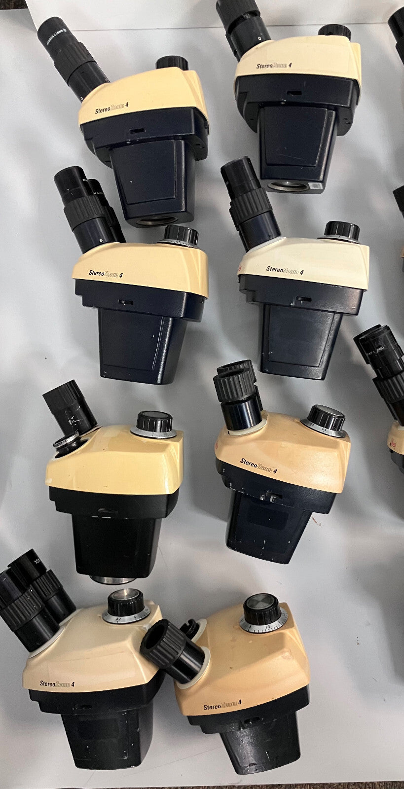 LEICA STEREOZOOM 4 MICROSCOPE HEAD LOT OF 17 W/ 3 STANDS & 3 E-ARMS PARTS/REPAIR