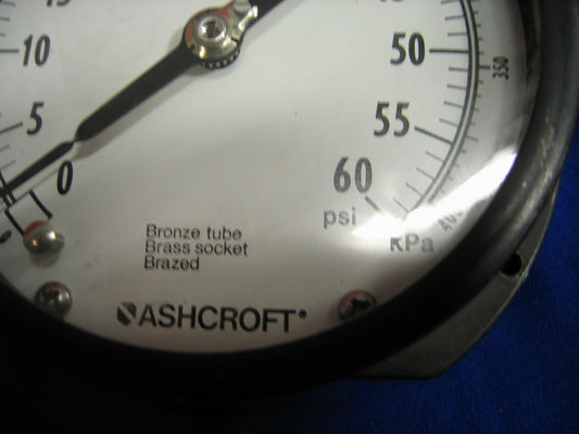 ASHCROFT MODEL F4 0-60 PSI PRESSURE GAUGE BRASS TUBE BRASS SOCKET BRAZED