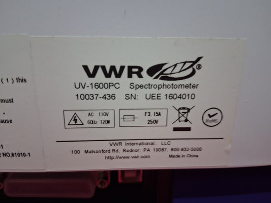 VWR UV-1600PC SPECTROPHOTOMETER 110 V AC 120 W 60 HZ 15A TESTED WORKS