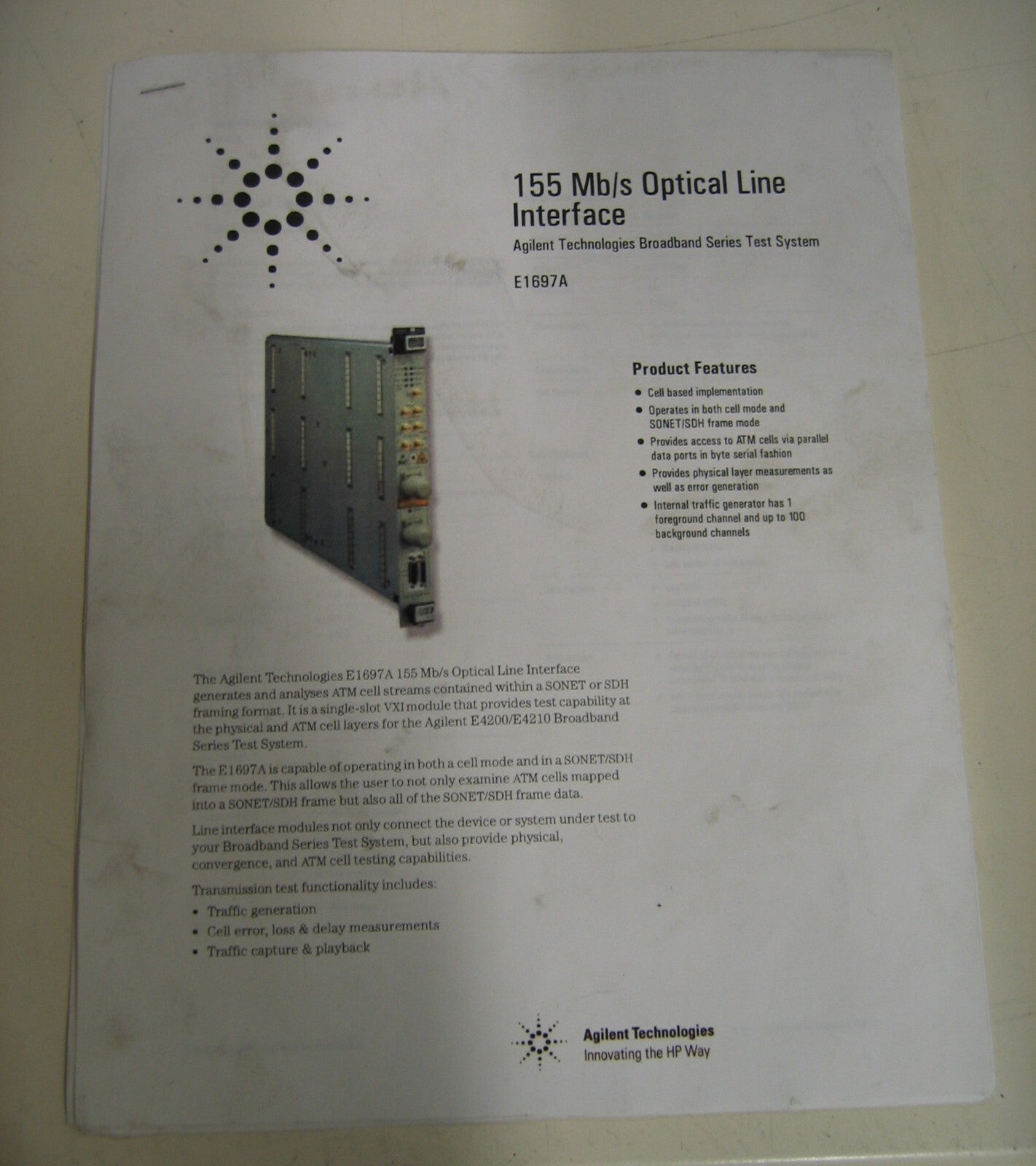 INTERFAZ DE LÍNEA ÓPTICA HP AGILENT E1616A 155 MB/S HP75000 CON MANUAL