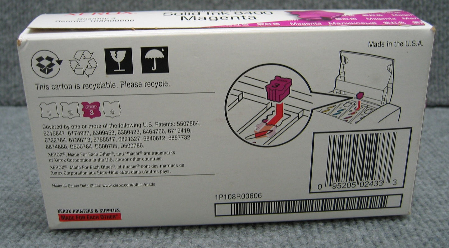 XEROX PHASER 8400 / 108R00606, PAQUETE ORIGINAL SIN ABRIR INCLUYE 3 BARRAS DE INYECCIÓN DE TINTA