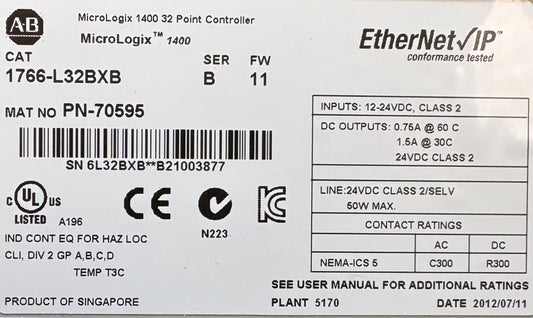 Allen Bradley AB 1766-L32BXB SER B MICROLOGIX 1400 32 PT CONTROLLER PN-70595