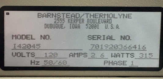 BARNSTEAD THERMOLYNE SYBRON I42045 TYPE 42000 INCUBATOR 70C MAX 120V 1PH