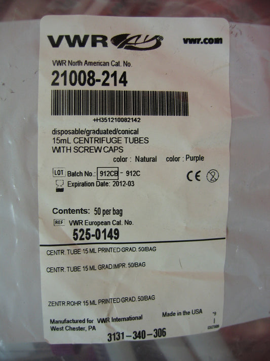 Tubes à centrifuger de 15 ml, VWR SCIENTIFIC, réf. 21008-214, 525-0149 (150 tubes)