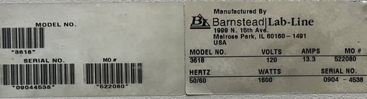 BARNSTEAD LAB-LINE Vacuum Oven 3618 120V 13.3AMPS 50/60HZ 1600WATTS NO PUMP