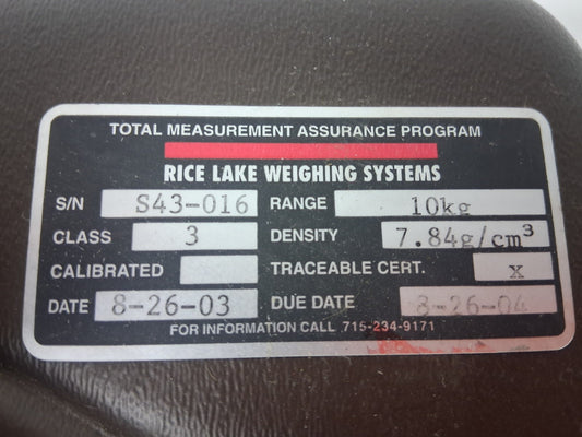 RICE LAKE WEIGHING SYSTEMS SN S46-016 10KG WEIGHT WITH CASE CLASS 3 7.84G/CM3