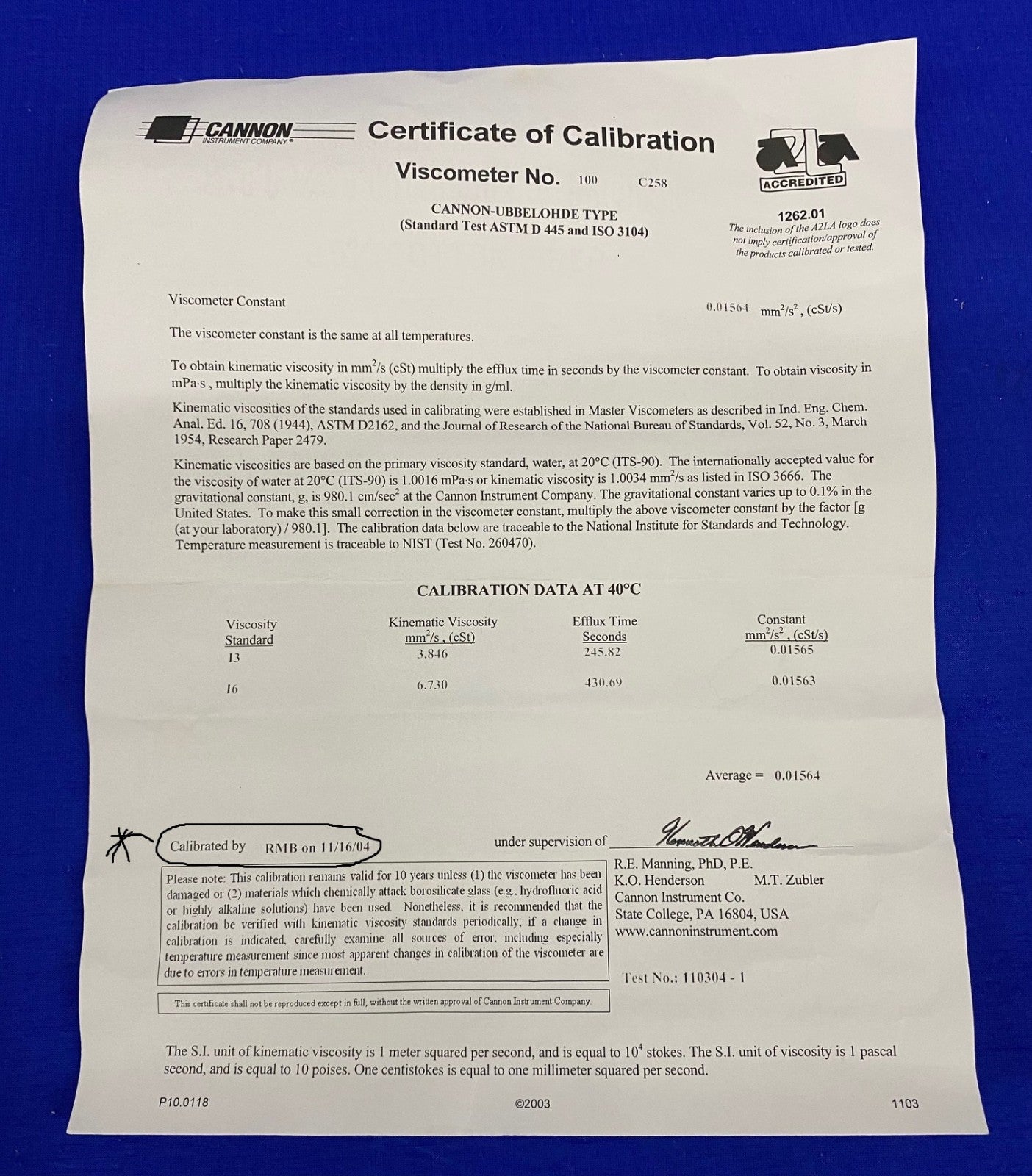 CANNON INSTRUMENT 9721-K59 SIZE 100 CALIBRATED VISCOMETER NEW OLD STOCK