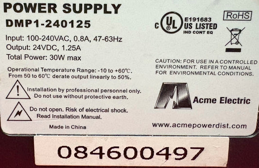 ACME ELECTRIC POWER SUPPLY DMP1-240125 100-240VAC 0.8A
