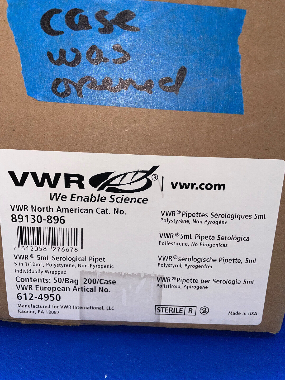 VWR, pipette sérologique de 5 ml, emballée individuellement, 4 paquets de 50