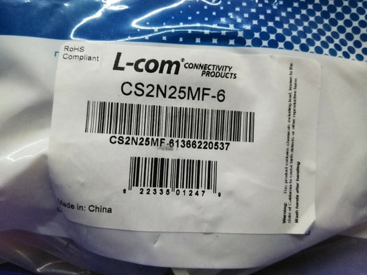 L-Com CS2N25MF-6 Molded D-Sub Cable DB25 Male / Female 6 ft.