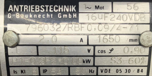 ANTRIEBSTECHNIK 7960327RBF0.0974-71 MOTOR 1650/min 2.0A 115V 60Hz. ITEM IS USED.
