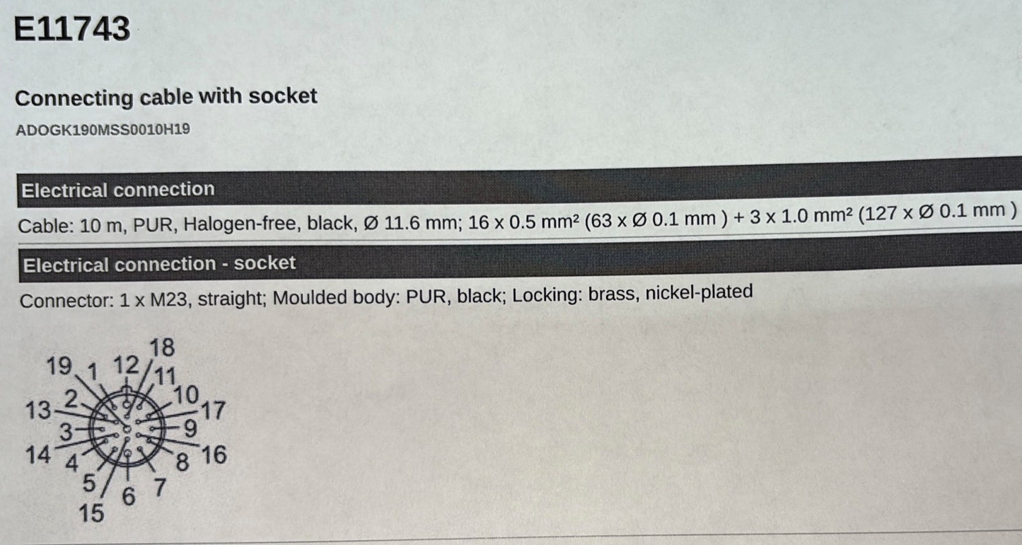 IFM E11743 CONNECTION CABLE 1Xm23 STRAIGHT SOCKET ADOGK190MSS0010H19