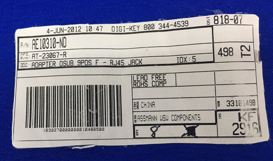 DIGI-KEY® ASSMANN AE10310-ND AT-23067-R ADAPTER DSUB 9POS F RJ45 JACK /1PKG QTY8