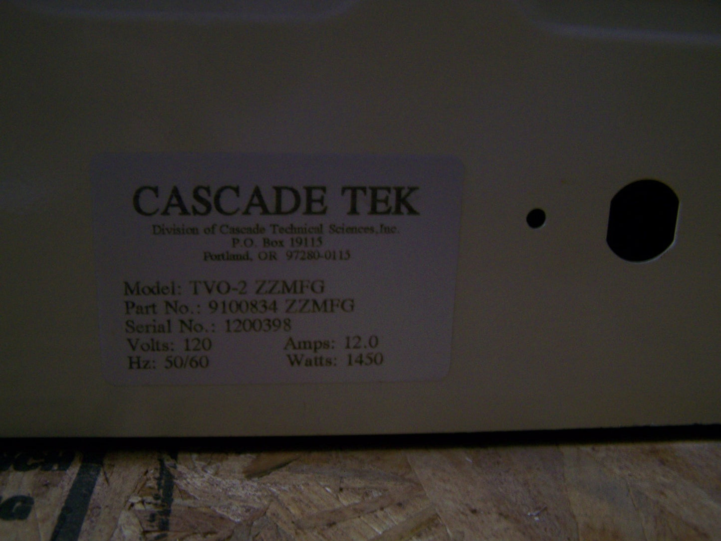 CASCADE TEK MODEL TVO-2 ZZMFG PN 9100834 ZZMFG DRYING CHAMBER FOR PARTS REPAIR