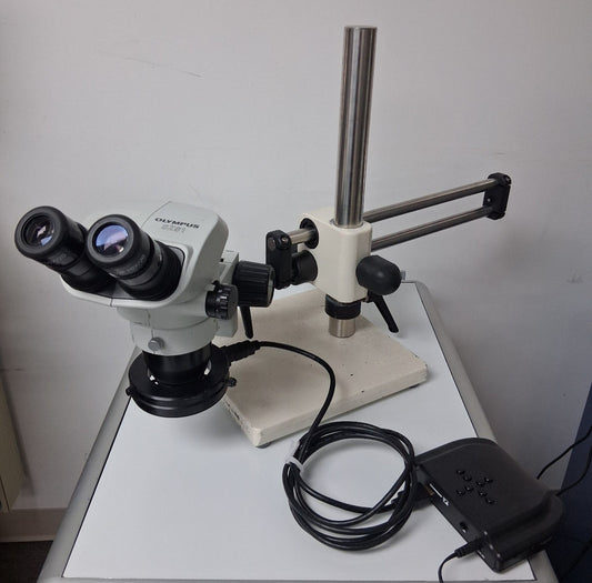 OLYMPUS SZ61 6.7 - 45X STEREO MICROSCOPE WITH BOOM STAND AND LED RING LIGHT