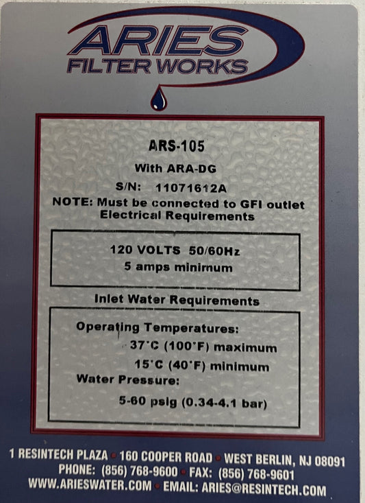 ARIES FILTERWORKS PURIFICATION ARS-105 HIGH PURITY WATER SYSTEM - PARTS/REPAIR