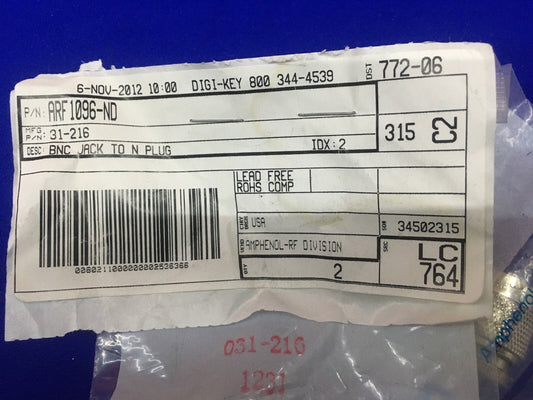 Menge 2 – Digi-Key ARF-1096-ND/31–216, BNC-Buchse auf N-Stecker