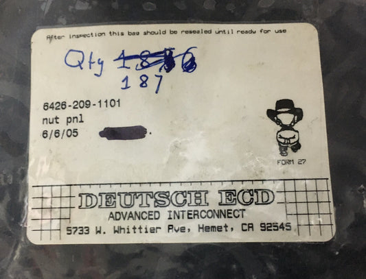 1 CONFEZIONE DA 187 PZ - DEUTSCH ECD ADVANCED INTERCONNECT 6426-209-1101 DADO PNL