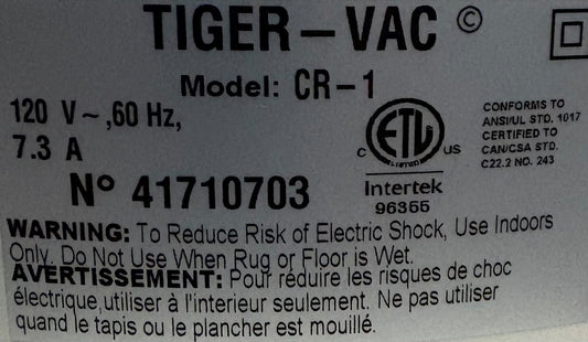 TIGER-VAC CR-1 CLEANROOM VACUUM CLEANER - FILTER DAMAGED BENT - NO ATTACHMENTS