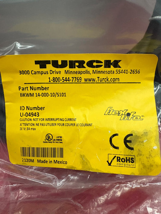 TURCK BKWM 14-000-10/S101 ID# U-04943 FEMALE RIGHT ANGLE CONNECTOR CORDSET CABLE