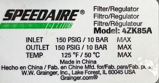 SPEEDAIRE® 4ZK85A FILTER REGULATOR 150 PSIG W/ ZERO 0-160 PRESSURE GAUGE - QTY 5