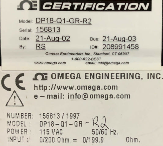 Omega DP18-Q1-GR-R2 Digitales Panelmessgerät/Temperaturregler 115 VAC 50/60 Hz