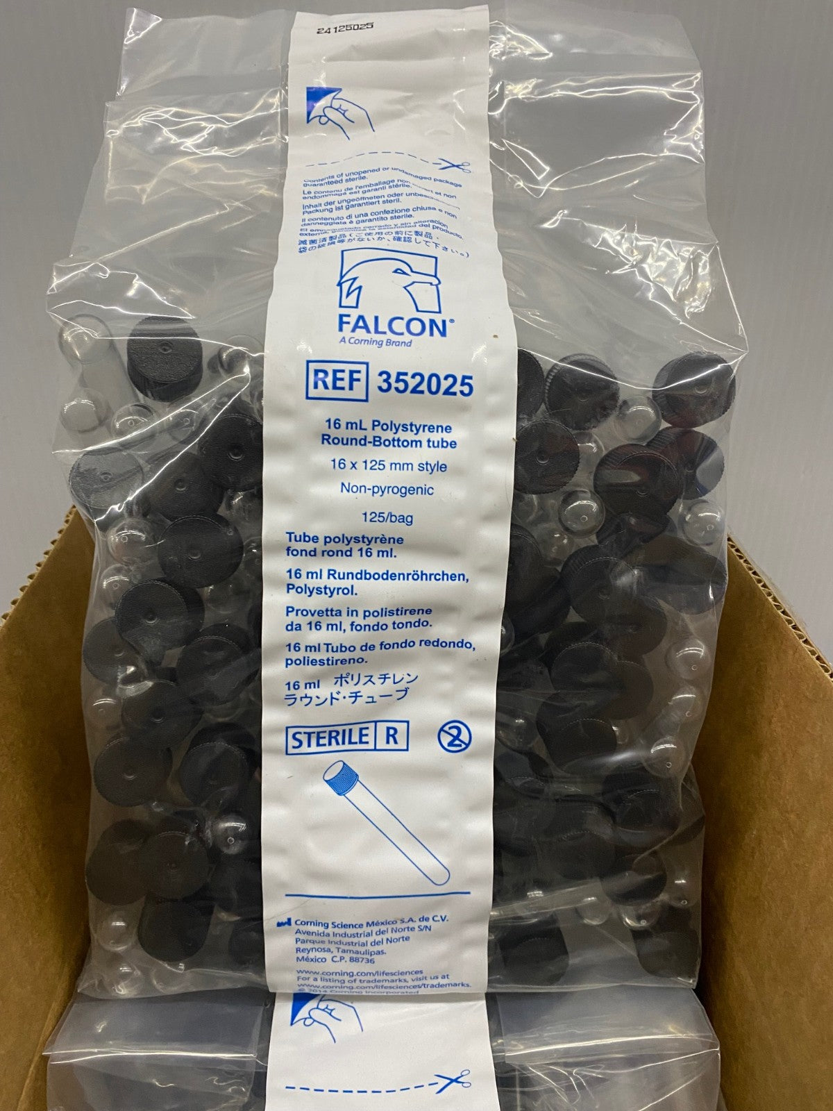 FALCON 352025 16mL POLYSTYRENE ROUND-BOTTOM TUBE 16X125mm - 1 CASE OF 1000 TUBES