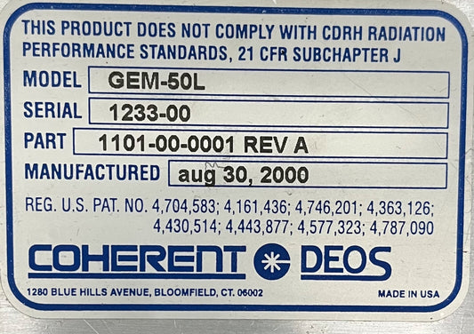 COHERENT GEM 50 DEOS / GEM-50L LASERKOP 1101-00-0001 REV A - ONDERDELEN/REPARATIE