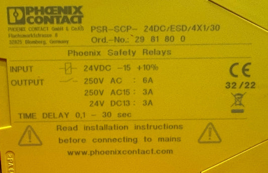 PHOENIX SAFETY RELAY PSR-ESD-30 PSR-SCP- 24DC/ESD/4X1/30 ORDER NO 2981800