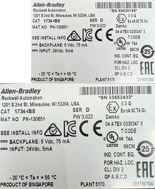 Allen Bradley AB 1734-IB8 POINT I/O 8 POINT DIGITAL INPUT MODULE SER D - QTY 2