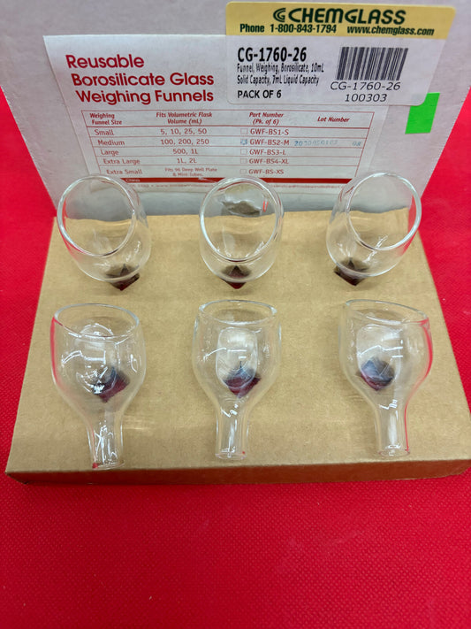 CHEMGLASS CG-1760-26 GLASS FUNNEL 10mL SOLID & 7mL LIQUID - 1 BOX OF QTY 6