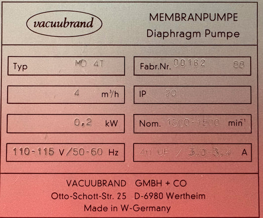 VACUUBRAND MD-4T DIAPHRAGM VACUUM PUMP 110-115V 40UF NOM 1500-1800