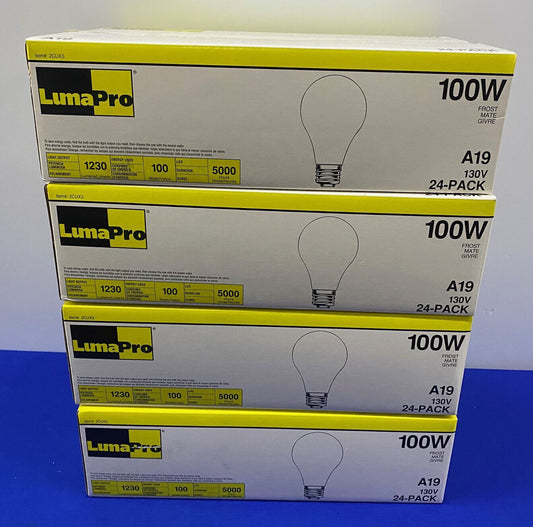 LUMAPRO A19 (5) 2CUX3 100W FROST MATE LIGHT BULB - 4 PKGS/24EA TOTAL OF 96 BULBS