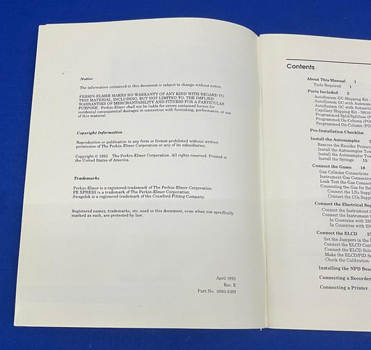 PERKIN ELMER 0993-8399 GAS CROMATOGRAFIA AUTOSYSTEM GC MANUALE DI INSTALLAZIONE