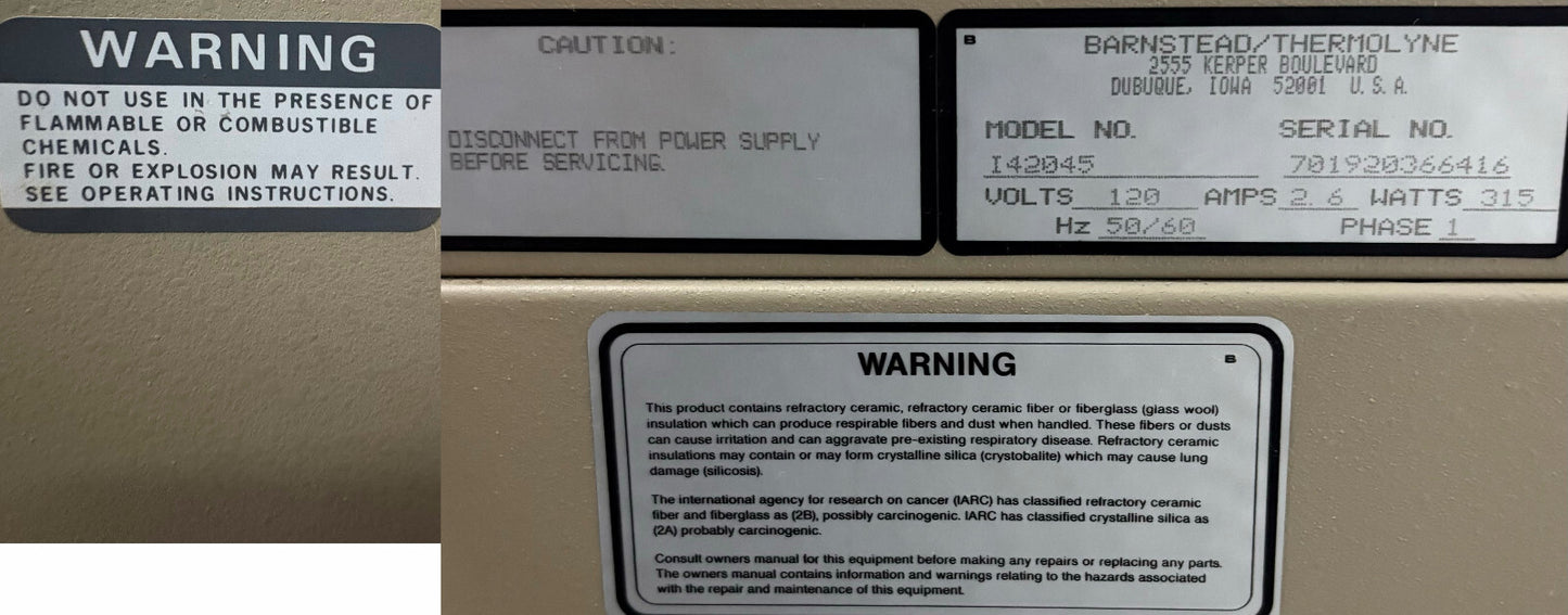 BARNSTEAD THERMOLYNE SYBRON I42045 TYPE 42000 INCUBATOR 70C MAX 120V 1PH